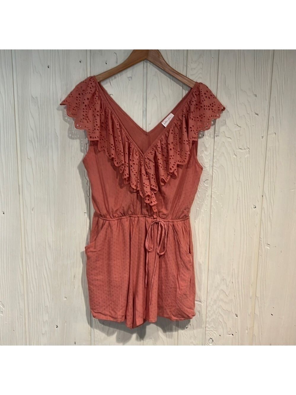 Allie Rose Romper Eyelet Lace Neckline Pockets Small